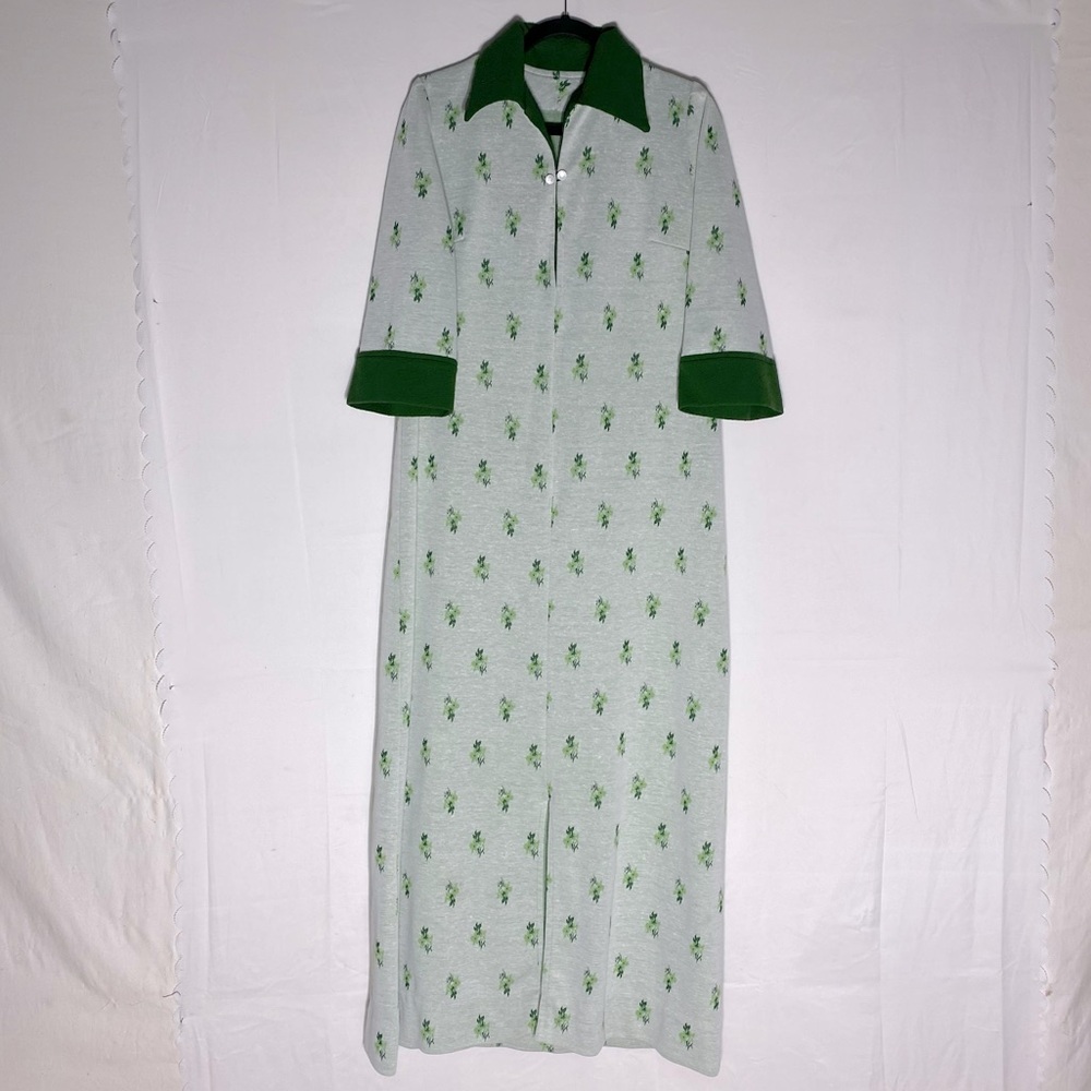 Vintage 70’s Handmade Maxi Length Green Floral Dress Robe Dressing Gown S
